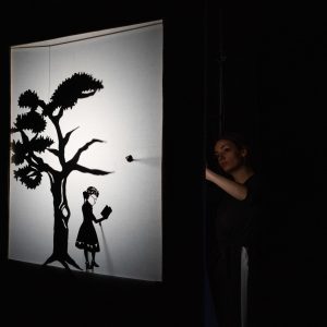 A shadow screen on the left of the image is black and white and shows the silhouette of a short tree with some leaves on it, an apple is falling from the tree to the ground where a shadow puppet of Kate stands. This is young Kate with curly hair in bunches, glasses and wearing a dress that has detail on the hem, she is reading a book. To the right of the screen a woman is just visible holding an arm up to operate the puppets.