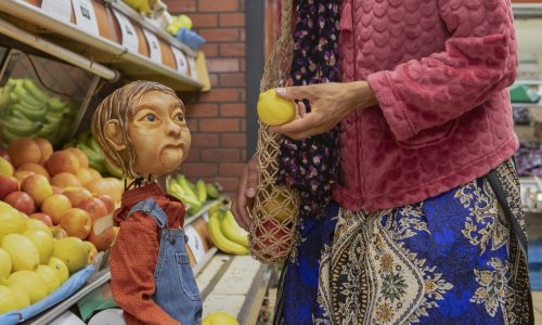 Jaanvi, a masked character wearing a headscarf, pink cardigan and blue patterned sari, stands in a grocery shop holding a lemon, looking down toward Anika the puppet who is perched on a ledge. Anika, wearing denim dungarees and an orange shirt, is looking up at Jaanvi.