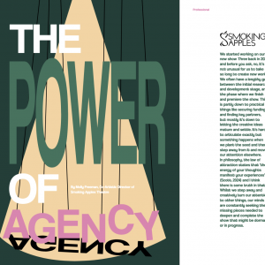A screenshot of the title page and beginning of an article. The title page has the words The Power of Agency in a spotlight, with the word 'agency' seeming to hang on strings from off the top of the page.